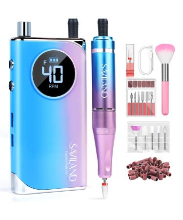 SAVILAND Electric Nail Drill Professional: 40000RPM Powerful Electric Nail File Portable Nail Drill with 12 Drill Bits Rechargeable Efile for Acrylic Gel Nails Removing Manicure Pedicure Salon Blue Pink