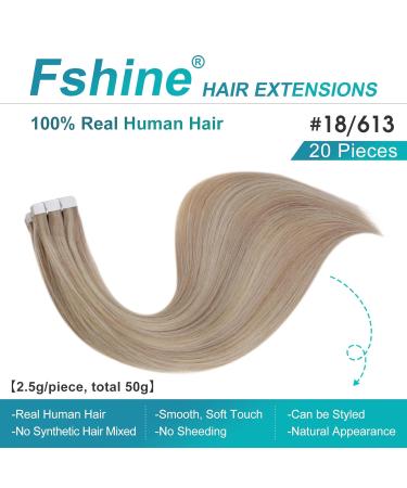 FSHINE 40cm Real Hair Tape Extensions - Ash Blonde Highlight 20 Remy Hair Pieces Invisible Adhesive #18P613 - Quality Bleaching Blonde Hair Extensions - Buy Online on SooperMarket.com