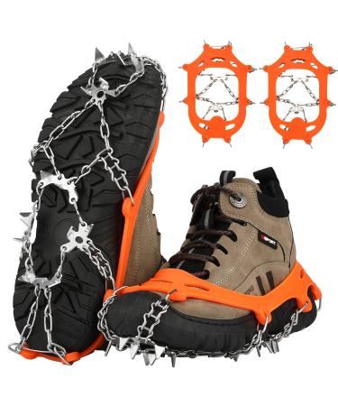 Crampons Ice Cleats 19 Spikes Snow Grips for Hiking Boots Shoes Women Men Boy Girl, Anti Slip Stainless Steel Safe Protect for Fishing Walking Climbing Mountaineering Orange Large