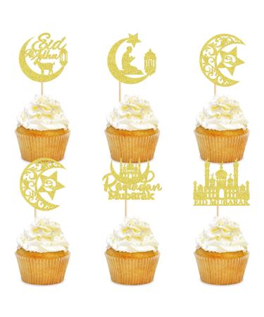 Cyodoos 25Pcs Eid Mubarak Cupcake Toppers Happy Eid Moon Star Ramadan Kareem Cupcake Picks for Eid Islamic Muslim Theme Party Cake Decorations Supplies - Gold Glitter Golden2