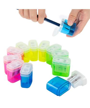 KIDMEN 12 PCS 2 Holes Small Manual Pencil Sharpener with Lid for Kids School Small Pencil Sharpener