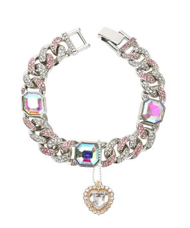 Glitter King Silver Cat Collar Puppy Zircon Cuban Link Chain Handmade Giamond Heart Pendant Pet Jewelry S(10.1") Silver