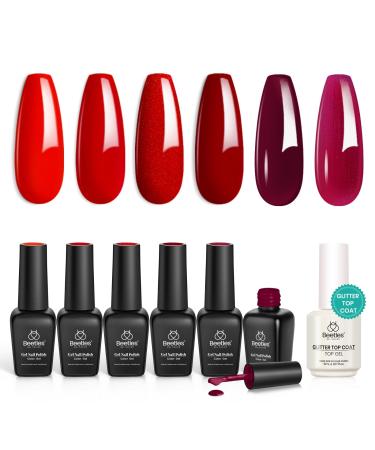 Beetles Red Gel Nail Polish Set with Top Coat 6 Colors Popular Shimmer Red Burgundy Gel Polish Kit Nail Art Design Soak Off Uv LED Gel Nail Minicure DIY Home Gifts for Mom 0-0 Bloody Red