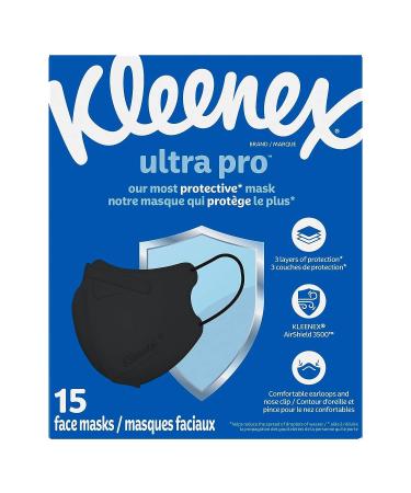 Kleenex Ultra Pro 3-Layer Face Mask (Pack of 15) Dermatologically Tested Soft Elastic Ear Loop Adjustable Nose Clip Black Ultra Pro ct