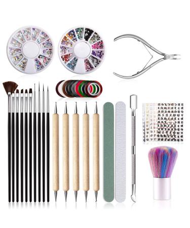 Nail Accessories for Geln gel Anself Dotting Tools 37PCs include 5 pieces of puncture 10 Painting Polish brush set 10 strip strap 2 boxes colored nails Strass 5 sheet nail ticker 3 nail tools black