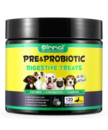 Probiotics for Dogs Pre & Postbiotic Digestive Treats For Dogs Dog Probiotics and Digestive Enzymes for Small Medium and Large Dogs 120 Chews Duck Flavor