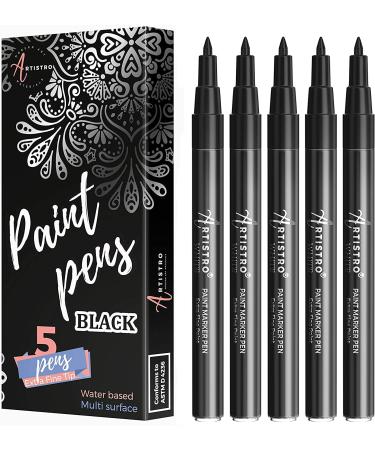ARTISTRO Black Paint Pens for Rock Painting  Stone  Ceramic  Glass  Wood  Tire  Fabric  Metal  Canvas. Set of 5 Water Based Black Markers for Acrylic Painting Extra Fine Point Tip 5 Black Extra-Fine