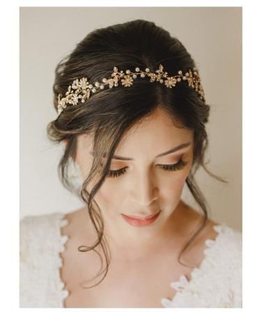 SWEETV Gold Crystal Wedding Headband Pearl Bridal Headpiece Rhinestone Flower Hair Vine for Bride Hair Accessories