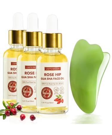 3 Pack Face Oil Gua Sha Oil the Ordinary Rosehip Seed Oil Organic Blends Vitamin E & C Scented Facial Oil for Gua Sha with Gua Sha Tool 99% Rose Hip Oil Organic for Face Body Massage Oil