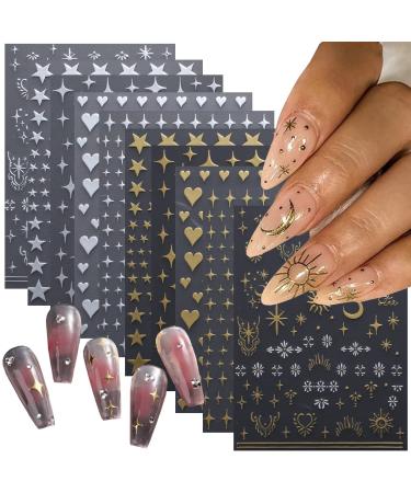 10 Sheets Metallic Nail Art Stickers Decal 3D Gold Nail Stickers Self-Adhesive Nail Decals Glitter Stars Moon Love Heart Gold Silver Nail Design Sticker Nail Art Decorations Women DIY Nail Accessories Sticker 2