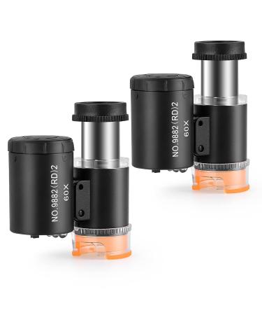 2 Pieces 60X Mini Pocket Microscope with 3 Light,Jewelers Eye Loupe Portable Magnifing Glass for Handcrafts Jewelry Diamond Gem Coins Currency black