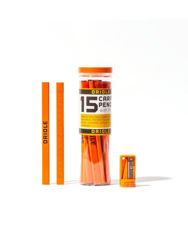 Orange Carpenter Pencil Set - Includes 15 Flat Construction Pencils with Printed Ruler  1 Carpenter Pencil Sharpener & 1 Clear Storage Container - Smoothly Write on Wood  Concrete & Stone - Pencil Kit