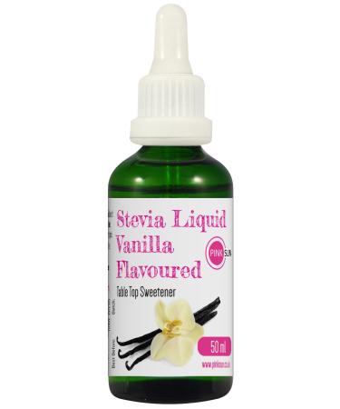 PINK SUN Stevia Liquid Sweetener Drops 50ml Vanilla Flavoured (or Caramel Coconut Strawberry Unflavoured) Natural Sugar Alternative Replacement Low Carb Zero Calories Glass Alcohol Free