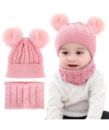 CheChury Toddler Hat and Scarf Set Baby Warm Knit Pom Beanie Cap with Circle Loop Scarf Neckwarmer 1-3 Years #2 Pink