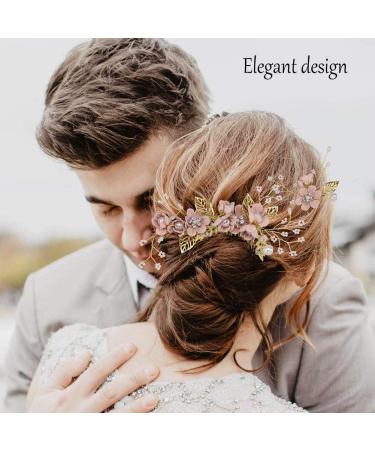 4-Piece Light Pink Gold Wedding Hair Comb Set | Rhinestone Bridal Hair Clips | Elegant Wedding Accessories - Buy Online on SooperMarket.com