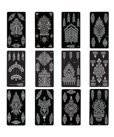 XMASIR 12 Sheets Henna Tattoo Stencils - Glitter Airbrush Temporary Tattoo Stickers - Indian Arabian Self Adhesive Templates - Buy Online on SooperMarket.com