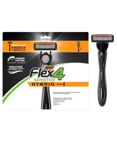 BIC Flex 4 Sensitive Hybrid Men's 4-Blade Disposable Razor, 1 Handle and 12 Cartridges 1 Handle 12 Cartridges
