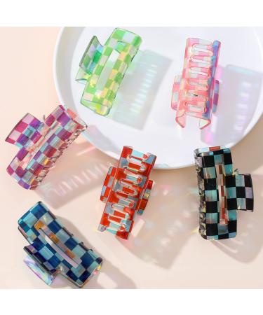 Whaline 6Pcs Colorful Checkered Hair Claw Clips Boho Rectangle Check Plaids Hair Jaw Clamp Strong Hold Catch Y2K Hair Clips Non-Slip PVC Hair Styling Accessories for Women Girls Thick Hair