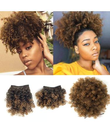 Afro Puff Drawstring Ponytail with 2 Bangs Afro High Puff Bun with Spring Curl Bangs and Afro Puff Bangs Clip in Hairpieces Pineapple Updo Ponytail with Bangs(T1B/30) 1 ponytail+ 2 bangs T1B/30