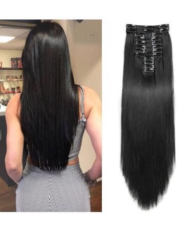 22" Long Straight Clip in Hair Extensions 180 Gram 12PCS Hair Extensions Synthetic Fiber Full Head Natural Black Clip on Double Weft Hairpieces for Women 180g-22inch-straight #1B Natural Black