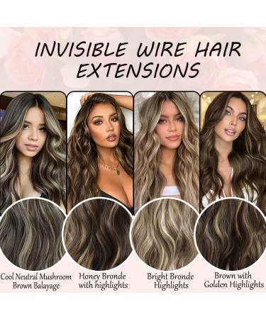 Invisible Wire Hair Extensions | Natural Wavy Synthetic Hair | 20 Brown mix Blonde | Adjustable Size | 2 Secure Clips | Long Curly Secret Hair Pieces for Women - Buy Online on SooperMarket.com