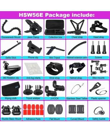 Husiway Accessory Bundle for GoPro Hero 11-2 AKASO Cameras | Compatible with Go Pro Max, Fusion, Insta360 ONE X, DJI Osmo Action | 56E (HSW56E) - Buy Online on SooperMarket.com