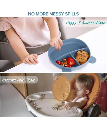 Happy T Baby Silicone Suction Plate with Lid | Toddler Self Feeding Plate | 3 Compartment Divided Dishes | Microwave & Dishwasher Safe | Non-Slip | Unbreakable | Blue - Buy Online on SooperMarket.com