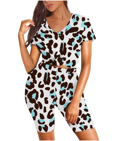 Litetao Women's Summer Two Piece Outfit Set | Short Sleeve V Neck Top & Biker Shorts | Casual and Loose Cycling Suit (Blue, X-Large) - Buy Online on SooperMarket.com