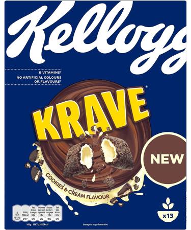 6 x Kellogg's Krave Cookies & Cream Flavour Crispy Cocoa Cereals Filled with Cream