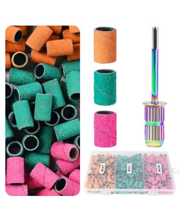 Sanding Bands for Nail Drill KOYOPEPI Nail Drill Sanding Bits #80#150#240 Grits 210Pcs Color Coarse Fine Nail Sanding Bands Mandrel Bit orange-green-pink