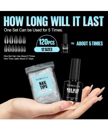 Tomicca Almond Medium Gel Nail Tips 120 pcs Professional Quality Full Cover Soft Gel Tips with Glue Set 12 Sizes for Salon Perfect Nails - Buy Online on SooperMarket.com
