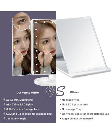 Lighted Trifold Makeup Mirror with 10X Magnification - Touch Control, Dual Power Supply - Portable LED Vanity Mirror for Women - White - Buy Online on SooperMarket.com