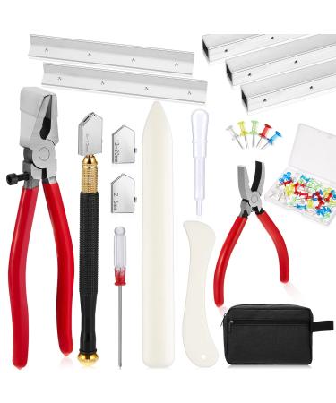 18 Pcs Stained Glass Supplies Glass Cutter Kit Including 2 Pcs Class Running Breaking and Heavy Duty Glass Cutting Tool 8 Pcs Layout Block System 2 Pcs Storage Bag for Stained Glass Cutting Supplies