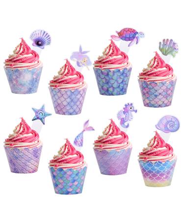 48Pcs Mermaid Cupcake Toppers and Wrappers: Undersea Delight for Girls' Birthday Parties Double-Sided Little Mermaid Theme Cake Decorations Ideal for Baby Showers and More