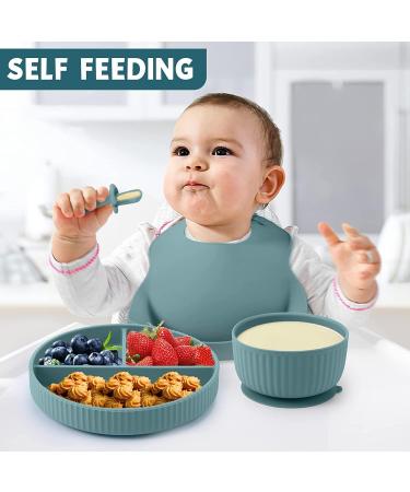 Baby Feeding Set: Silicone Bib, Suction Divided Bowl, Spoon, Fork - Toddler Utensils for Baby Led Weaning - 6 Months (Blue Green) - Buy Online on SooperMarket.com