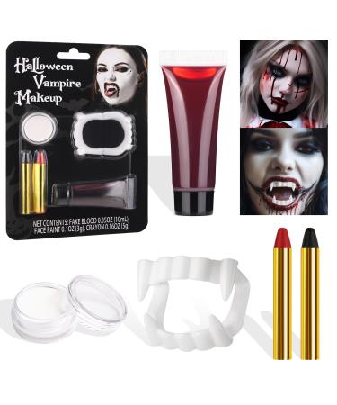 BOBISUKA Halloween Vampire Makeup Kit with White Face & Body Paint Fake Blood Black and Red Face Paint Crayon and Fake Teeth SFX Makeup Set for Zombie Wounds Clown Cosplay Special Effects Makeup