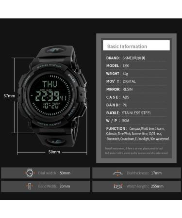 Mens Military Digital Sports Watch with Survival Compass | 50M Waterproof, 3 Alarm, Stopwatch | Black - Buy Online on SooperMarket.com