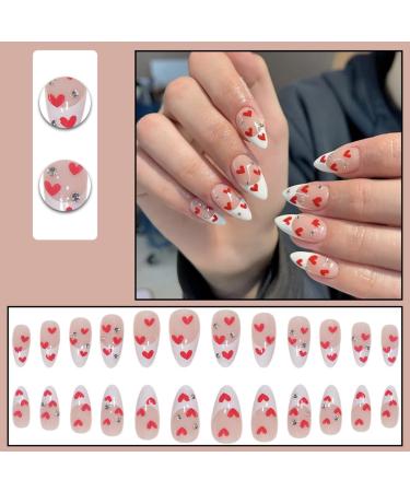 JUSTOTRY 24 Pcs Short False Nails Stiletto with Red Heart White French Press on Nails Pattern Fake Nails Short with Nail Glue Almond Medium Stick on Nails for Women Nails Fake Nail for Nails Art white&heart 2 - Buy Online on SooperMarket.com