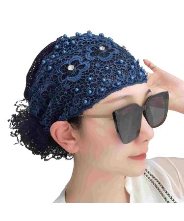 Dranng Lace Hairband Headwrap Lace Elastic - Pearl Lace Stretch Headbands Cloth Elegant Headband Women Hair Accessories Navy Blue