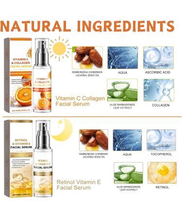 Vitamin C & Vitamin E Serum Facial Set Morning C and Night E Skincare Gift Set Anti-Wrinkle Tighten Skincare Set with Vitamin C & Collagen Serum (Day Use) Retinol & Vitamin E Serum(Night Use) - Buy Online on SooperMarket.com