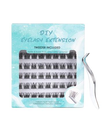SISILILY Individual Lashes 6 Rows Cluster Lashes D Curl DIY Single Size Eyelash Extension Kit at Home Reusable 3D False Eyelashes Natural with a Flat Tweezer 14mm Length (DM04-14mm) 6 rows-DM04-14mm