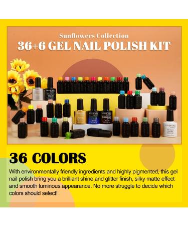 Lavender Violets 42 Piece Gel Nail Polish Set with Fluorescent Finish - UV/LED Soak-Off Formula - Includes Glossy, Matte, Diamond, and Glow in the Dark Top Coats - Full Range Shades - C955 Sunflowers - Buy Online on SooperMarket.com