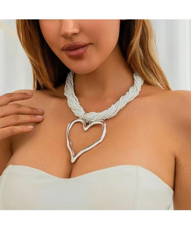 Shop Oralgo's Fashionable Multi-Layered Pearl Choker Necklace with Large Metal Heart - Gold & White Statement Jewelry for Collarbone Style - International Shipping Available - Buy Online on SooperMarket.com