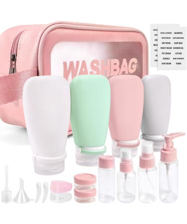 Noideeer 18 pieces silicone travel bottles set aircraft approval for travel bottles for filling suitable for shampoo lotion hair rinsing shower gel with labels and transparent cultural bags pink
