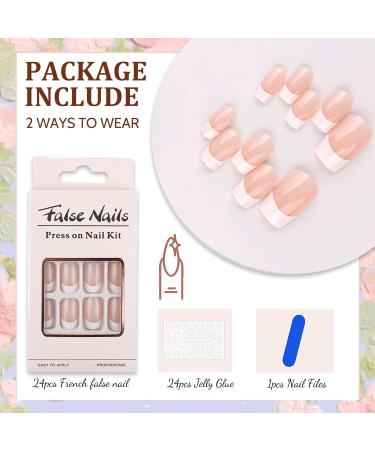 French Square False Nails Set - 24PCS Gloss Nude White Full Cover Press on Nails with Jelly Glue - Short Square White Fake Nails for Women and Girls - Buy Online on SooperMarket.com
