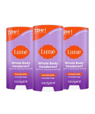 Lume Whole Body Deodorant - Smooth Solid Stick - 72 Hour Odor Control - Aluminum Free Baking Soda Free and Skin Loving - 2.6 Ounce (Pack of 3) (Lavender Sage) Lavendar Sage 2.6 Ounce (Pack of 3)