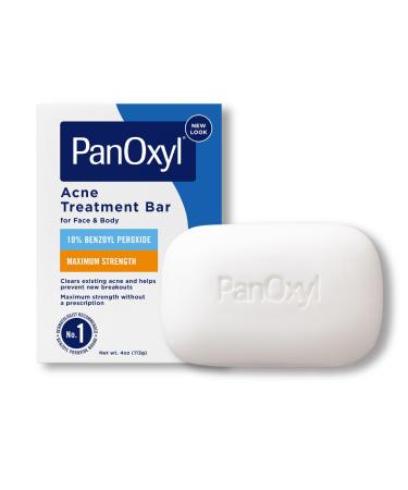 PanOxyl Acne Treatment Bar with 10% Benzoyl Peroxide Maximum Strength Acne Bar Soap for Face Chest and Back Benzoyl Peroxide Bar Soap Body Wash Vegan For Acne Prone Skin 4 oz