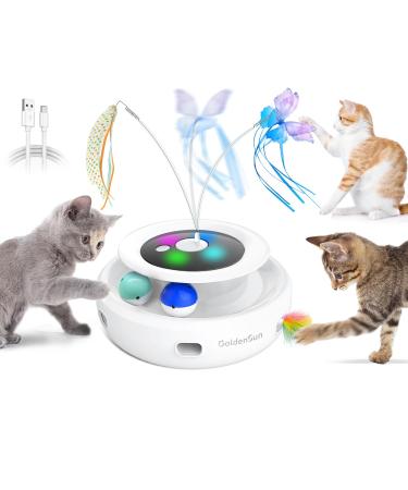 GoldenSun 3-In-1 Interactive Cat Toys for Indoor Cats Adult Smart Cat Feather Toys Rechargeable Power Cat Toys Balls & Handmade Butterfly Cat Toy Cat Teaser with 6 Attachments Bright White