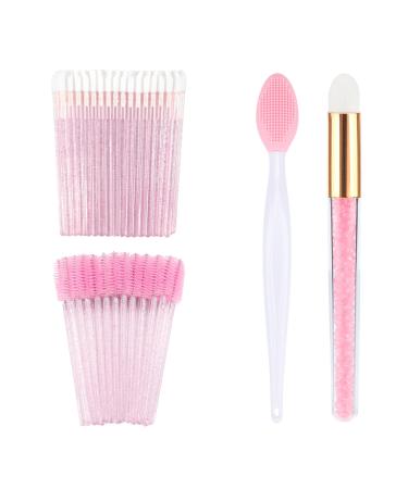 G2PLUS 102PCS Makeup Brush Kit 50Pcs Glitter Crystal Lip Brush 50Pcs Eyelash Brushes 1Pcs Double Sided Silicone Lip Scrub Brush 1Pcs Eyeshadow Brush for Personal Care and Eyelash Extension (Pink)