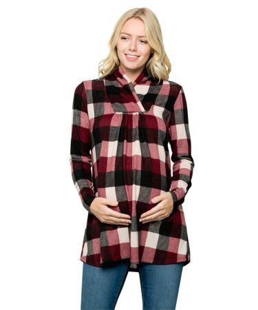 My Bump Maternity Knit Sweater - High Neck Shawl Collar Long Sleeves Tunic Pullover Top (Made in USA) S Burgundy_blk Skav